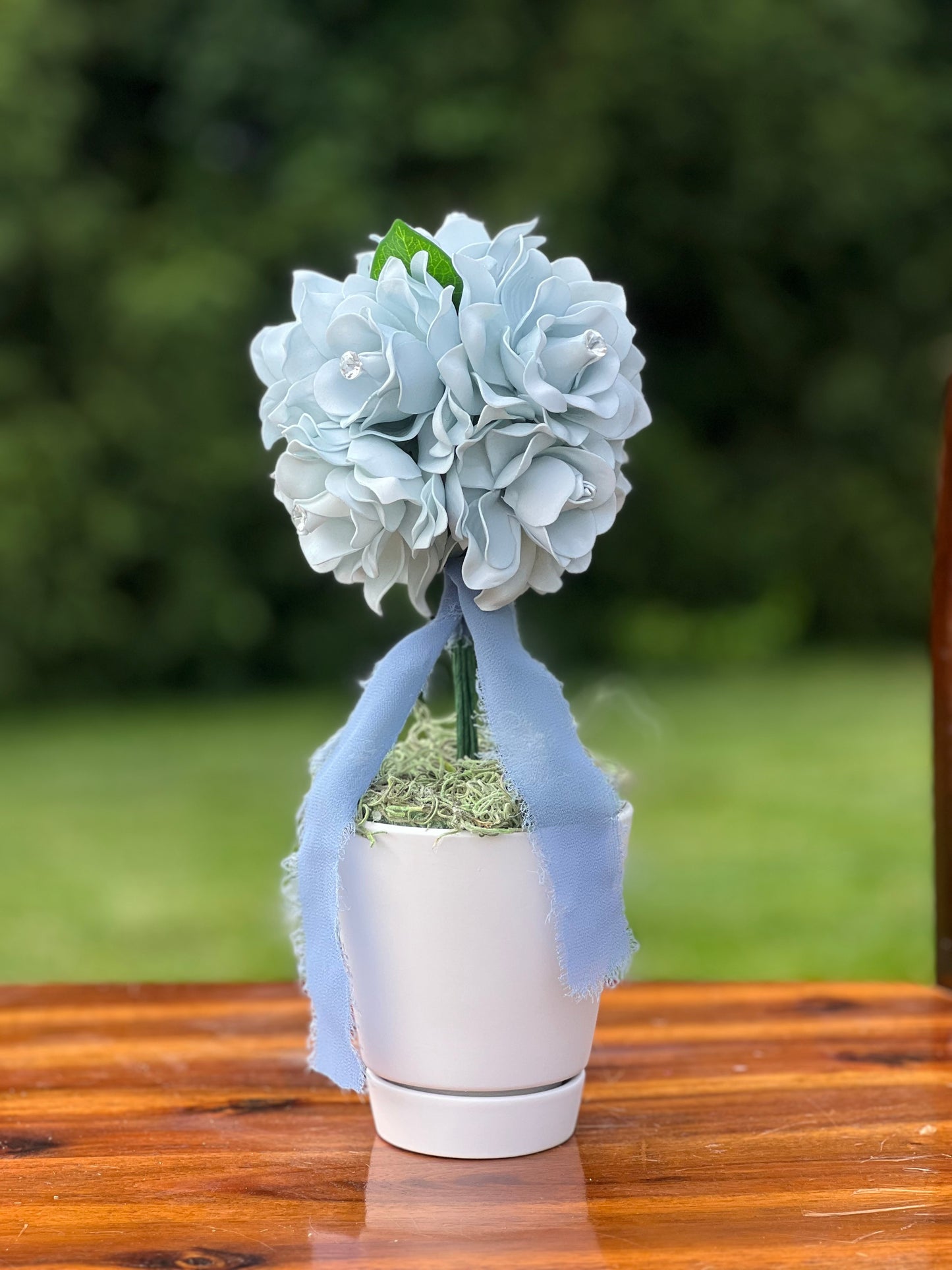 Dusty Blue Gardenia Topiary Centerpiece