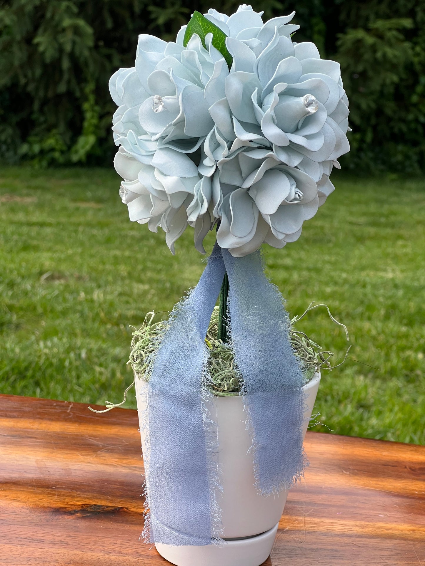 Dusty Blue Gardenia Topiary Centerpiece