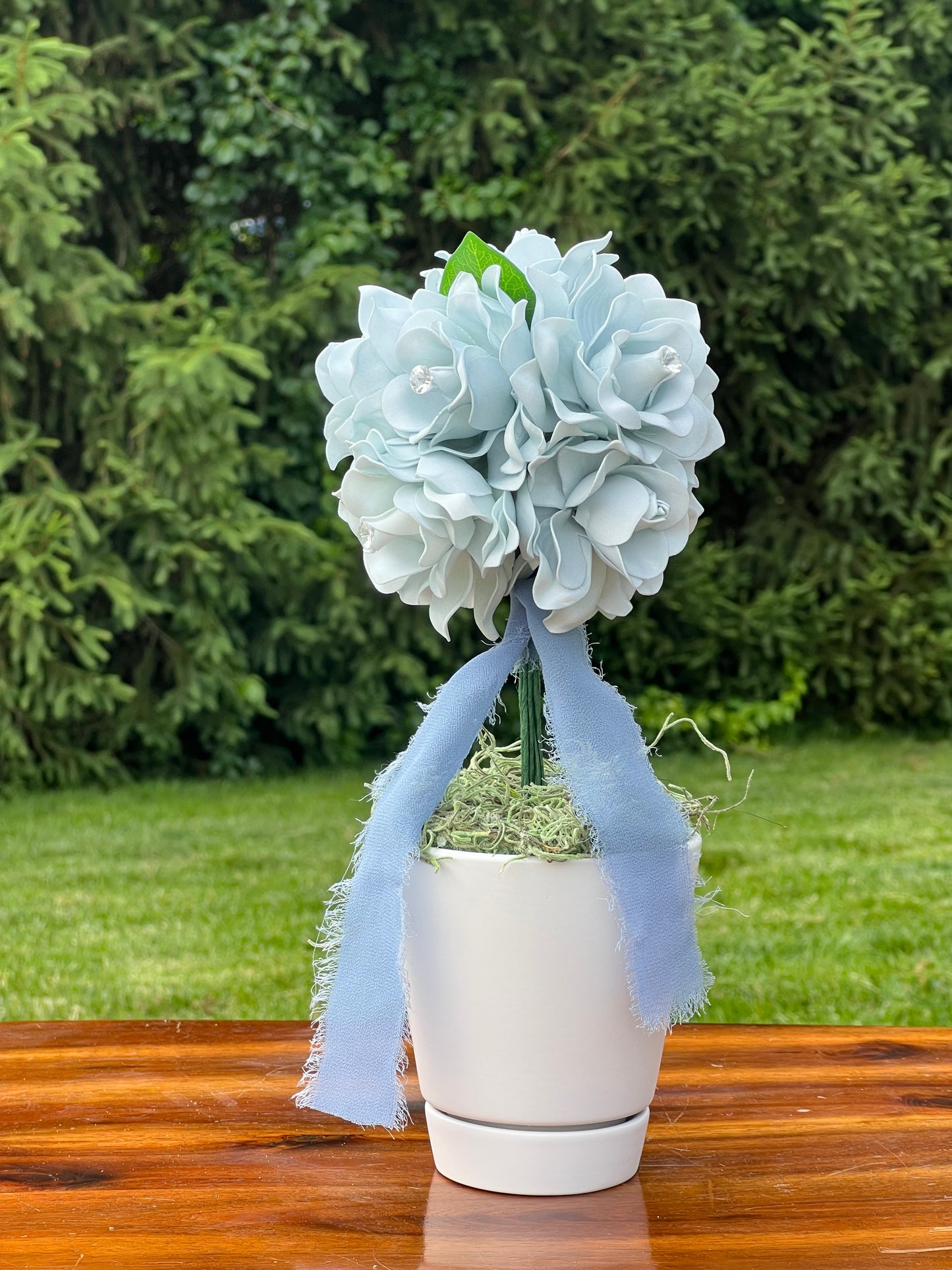 Dusty Blue Gardenia Topiary Centerpiece