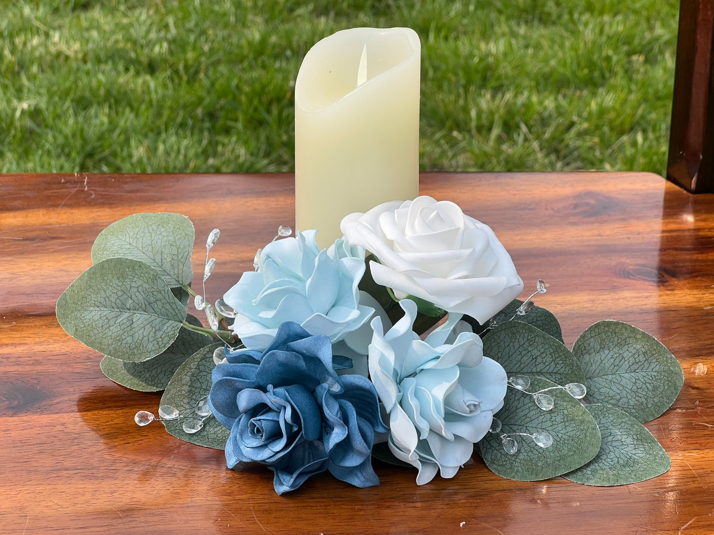 Soft Dusty Blue and White floral Centerpiece