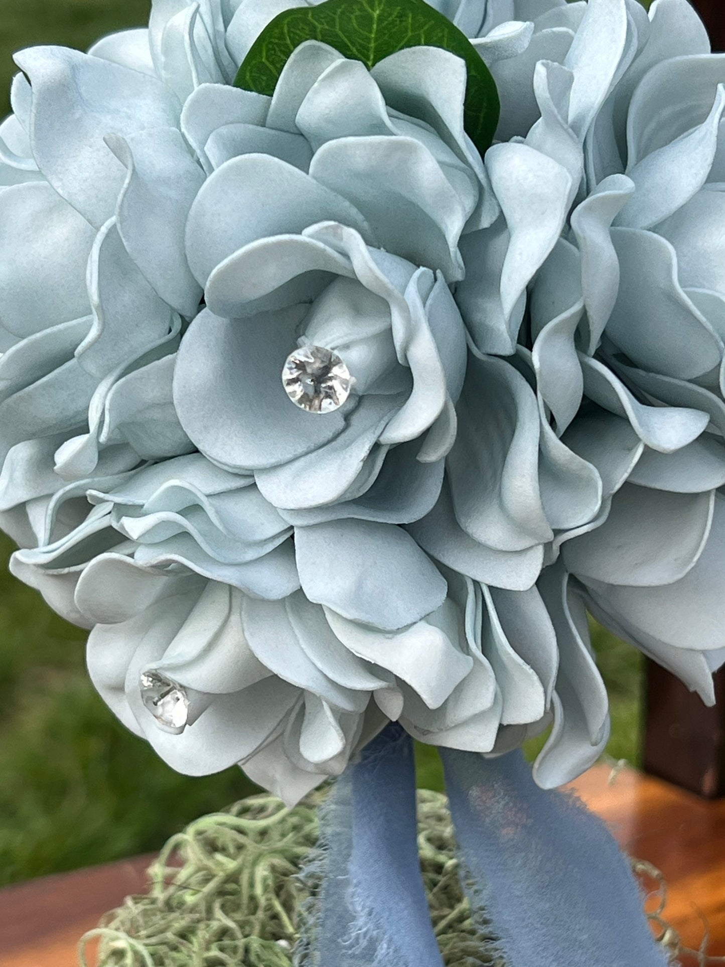Dusty Blue Gardenia Topiary Centerpiece