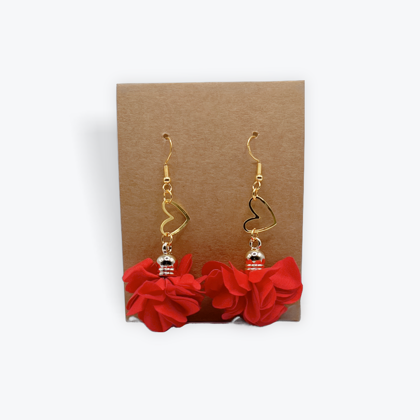 Fabric Flower Earrings with Heart Charm