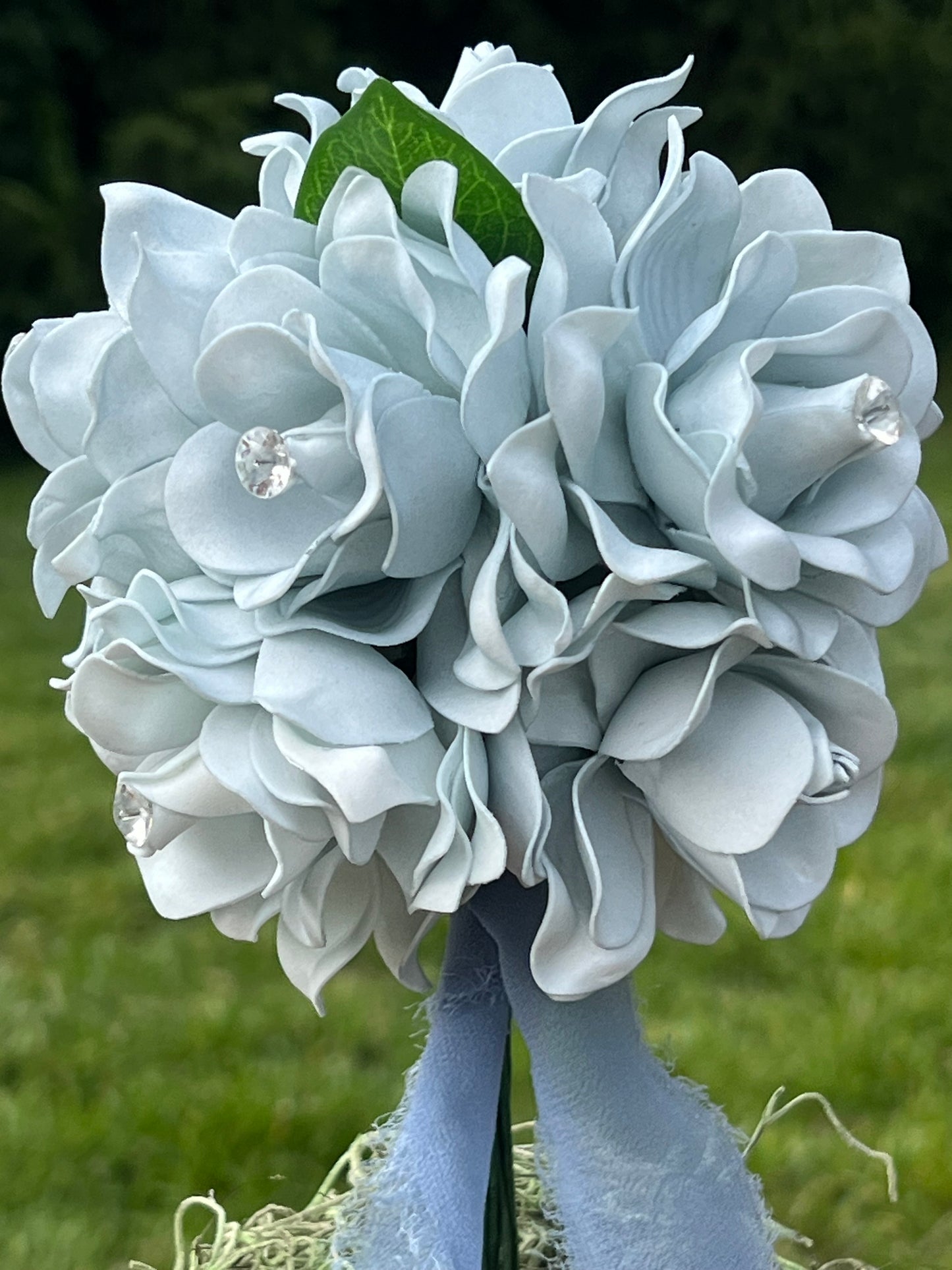 Dusty Blue Gardenia Topiary Centerpiece