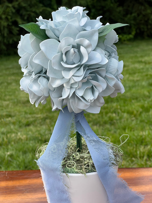 Dusty Blue Gardenia Topiary Centerpiece