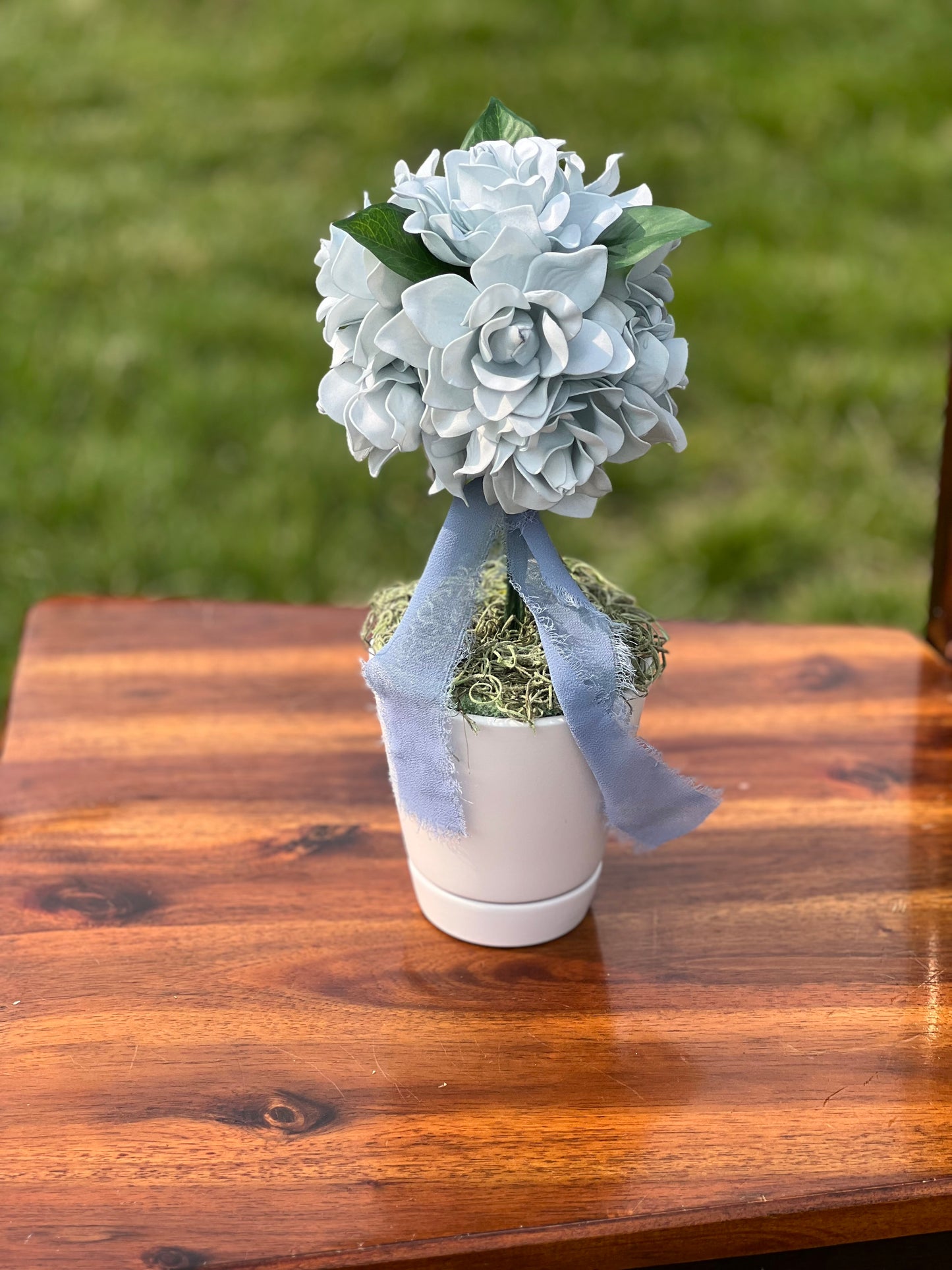 Dusty Blue Gardenia Topiary Centerpiece