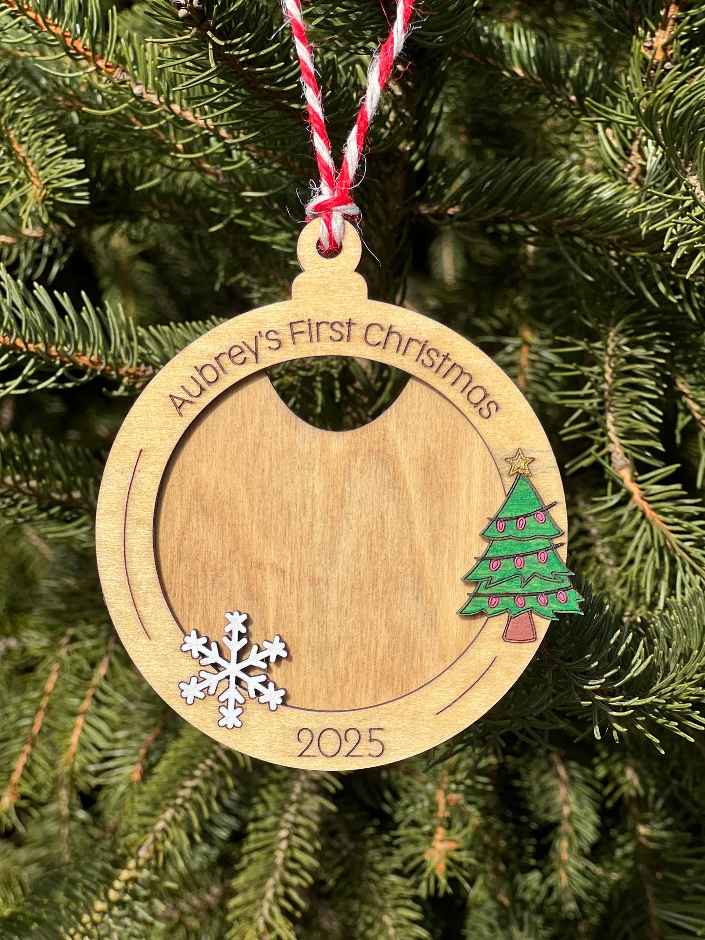 Personalized Baby’s First Christmas Photo Frame Ornament – Custom Name & Year – Wooden Keepsake