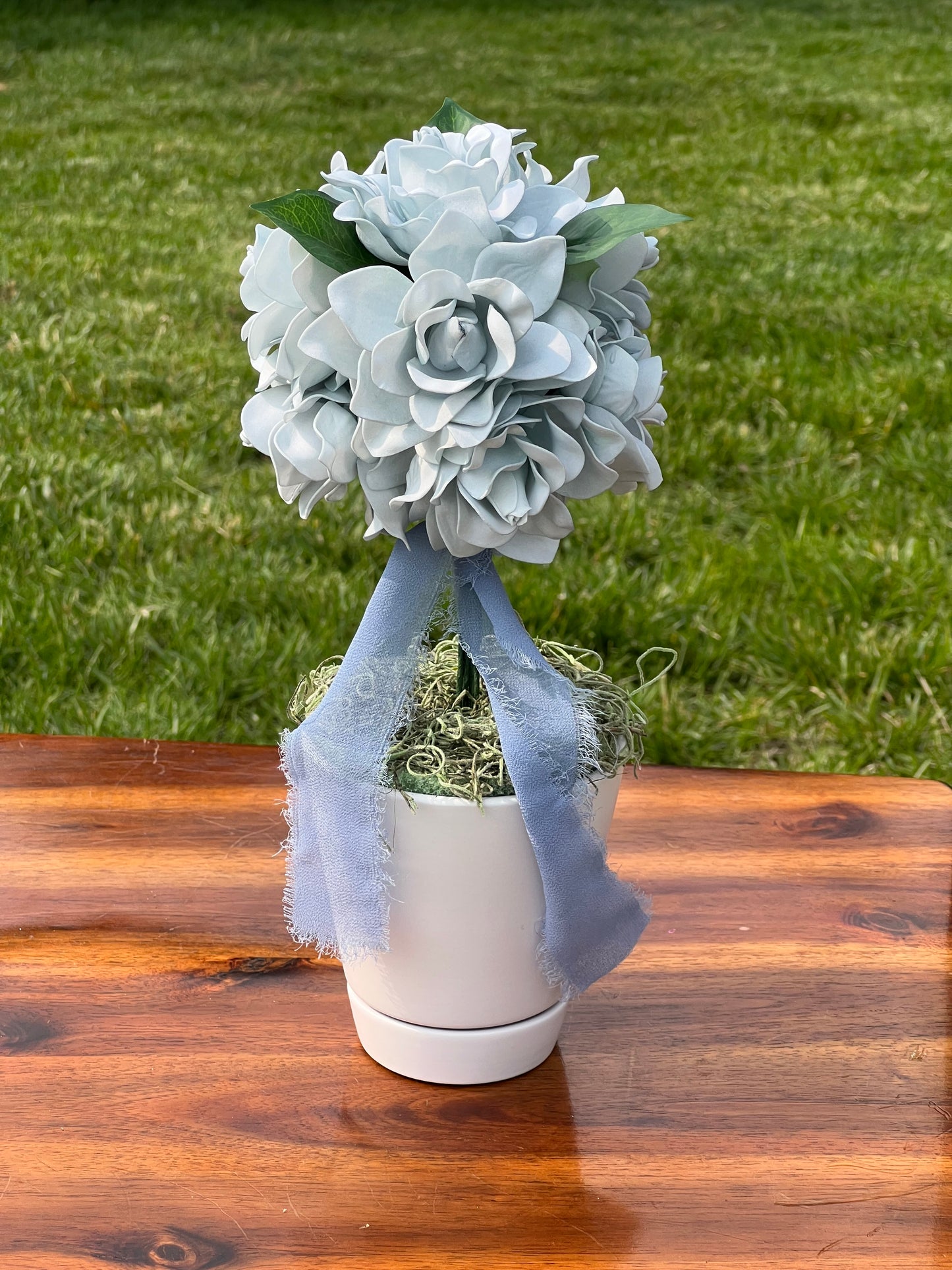 Dusty Blue Gardenia Topiary Centerpiece