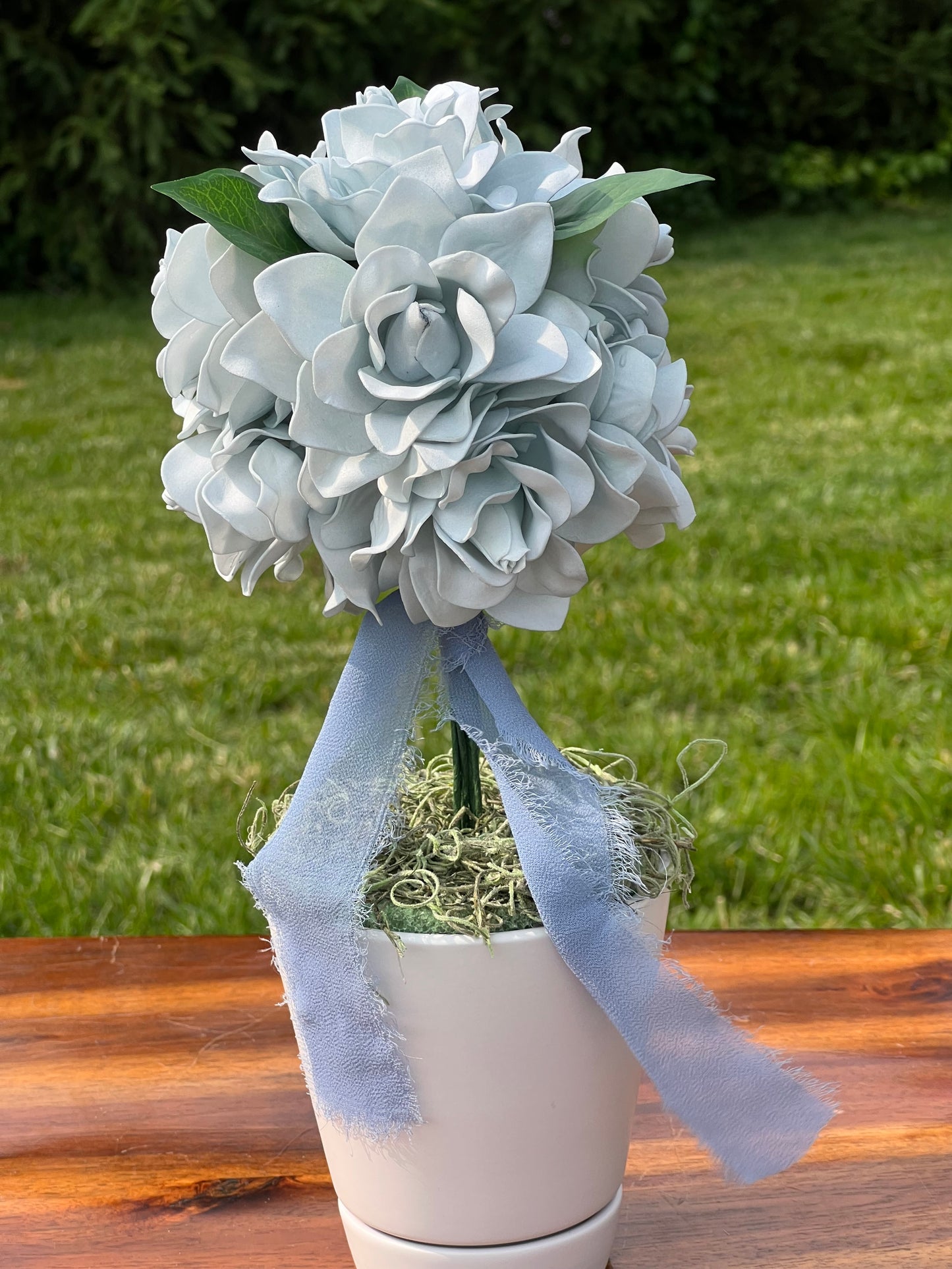 Dusty Blue Gardenia Topiary Centerpiece
