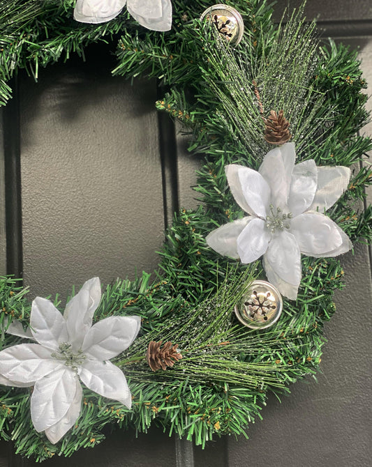 Artificial Silver Bell Poinsettia Wreath - KG Creations