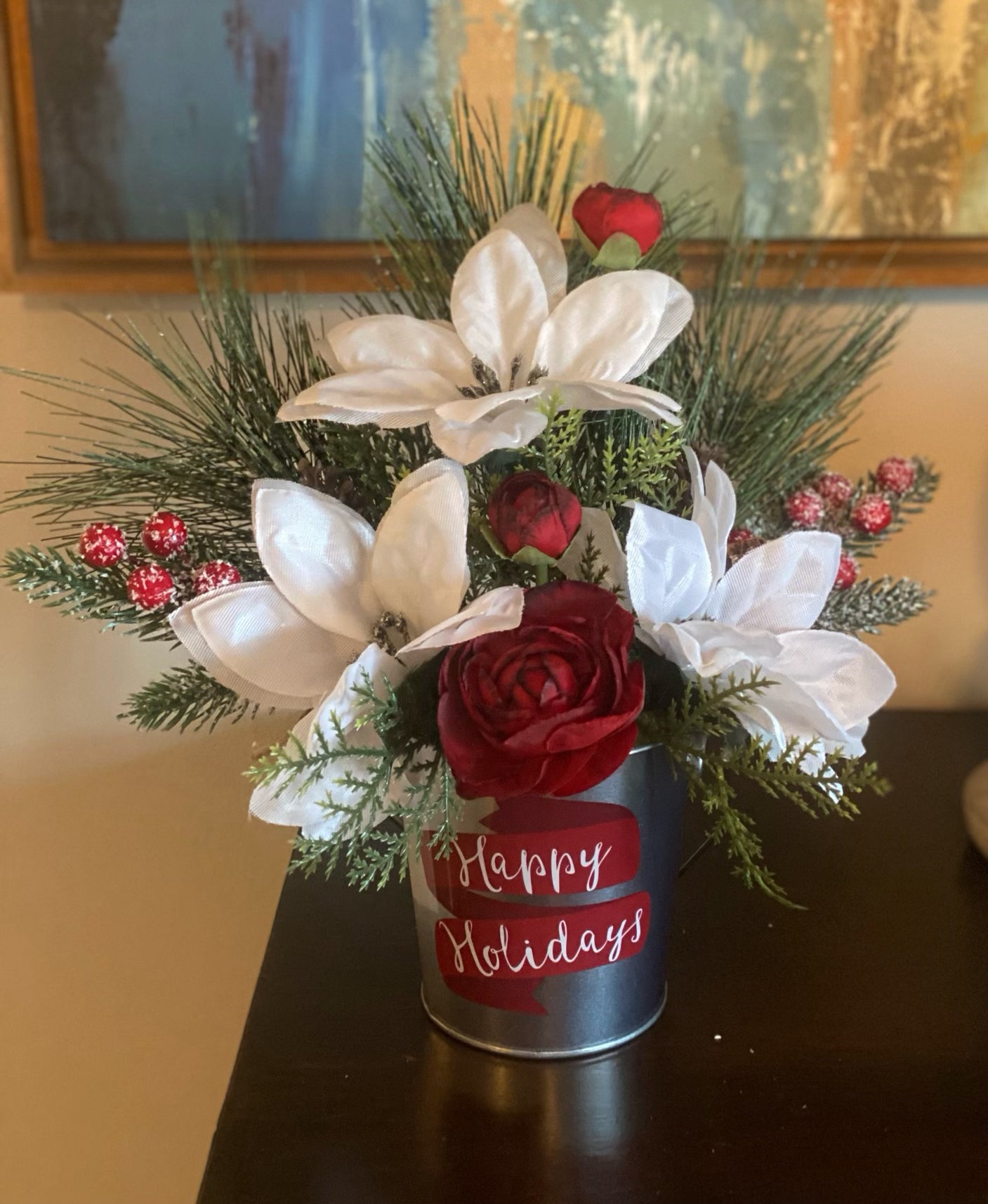 White Poinsettia Silver Pail Arrangement - KG Creations