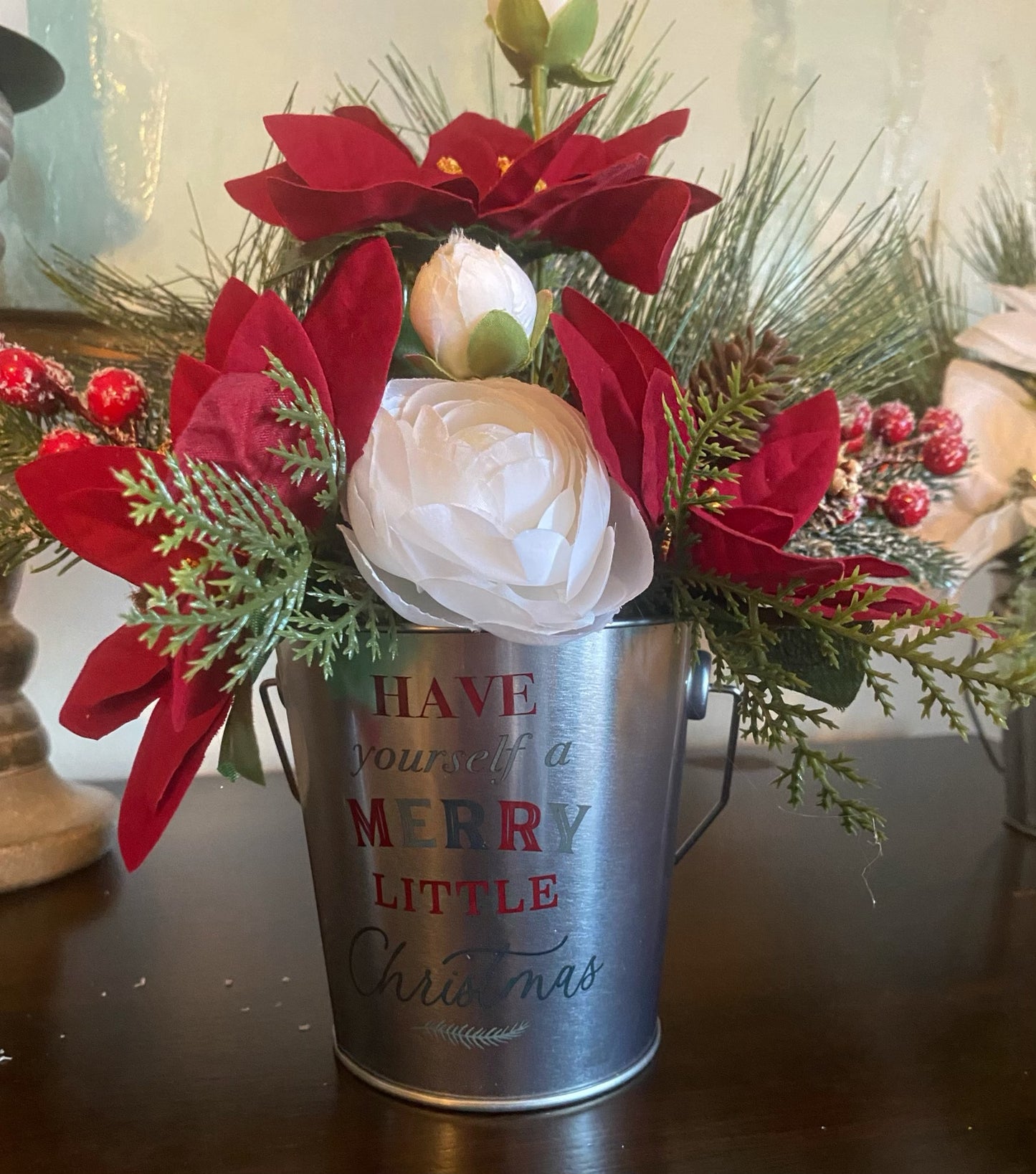 Red Poinsettia Silver Pail Arrangement - KG Creations