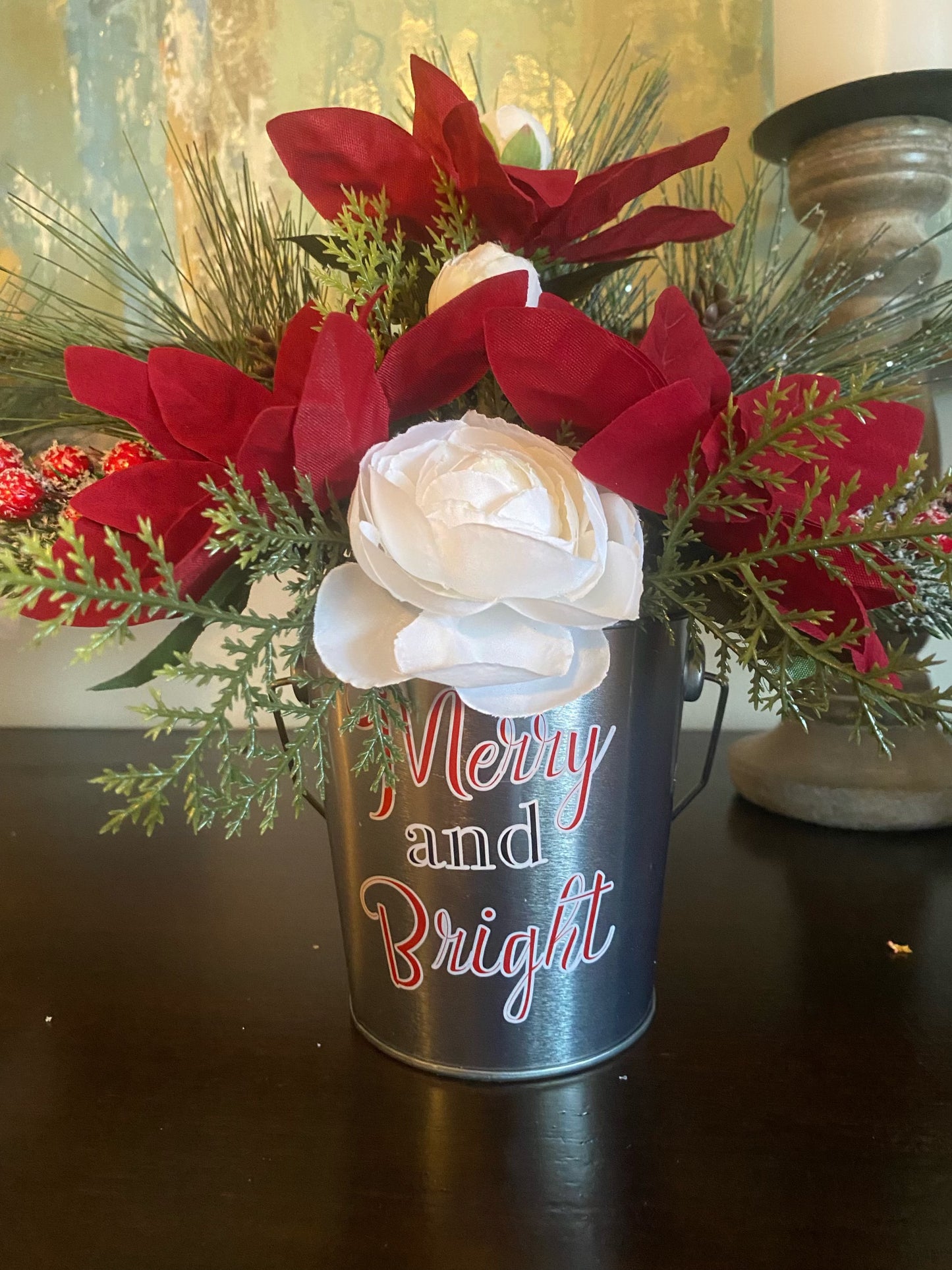 Red Poinsettia Silver Pail Arrangement - KG Creations