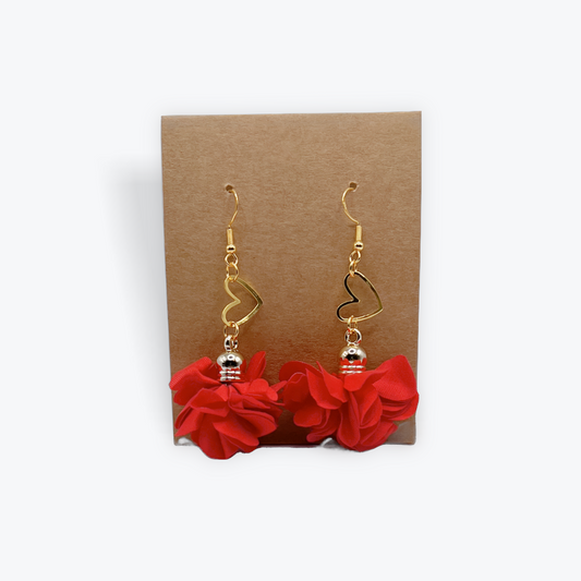 Fabric Flower Earrings with Heart Charm