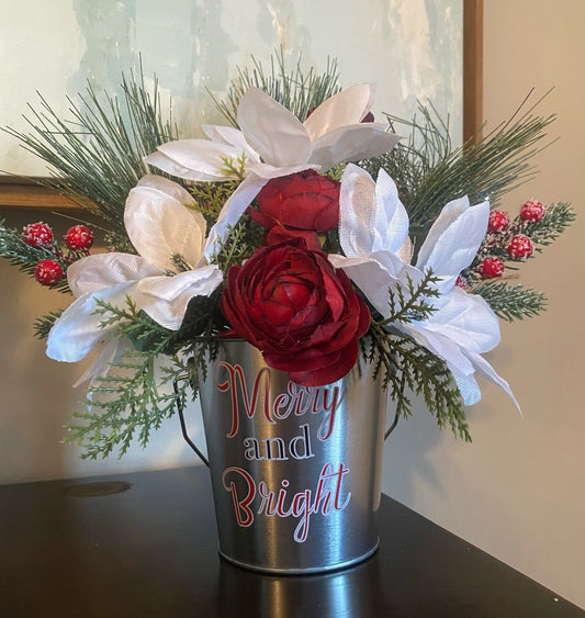 White Poinsettia Silver Pail Arrangement - KG Creations